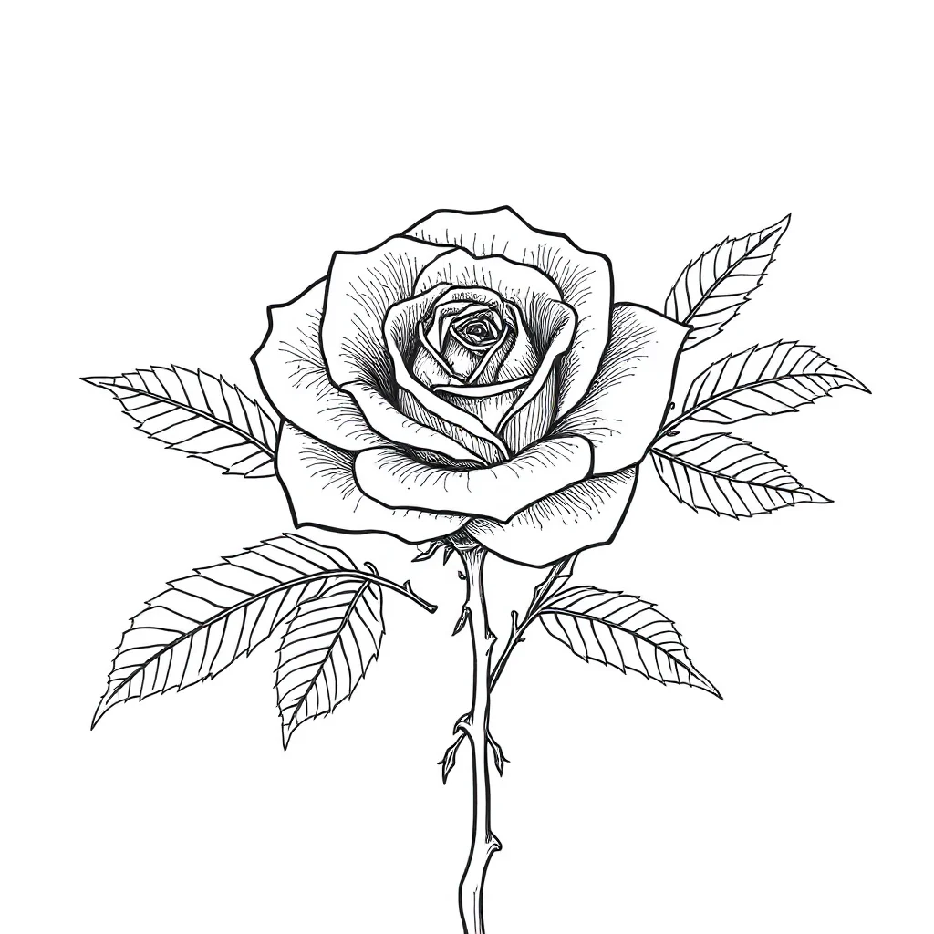 Roses a rose with leaves leaping mid air — detailed roses coloring page (ages 9+ & adults)