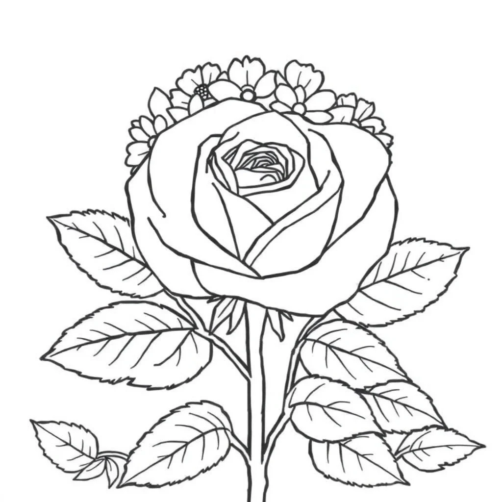 Roses a rose with leaves wearing a flower crown — classic roses coloring page (ages 5–10)