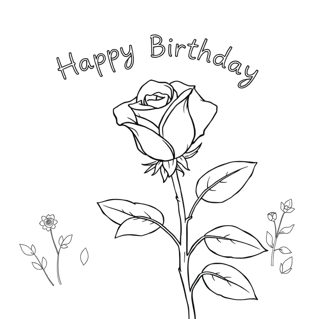 Roses a single rose celebrating a birthday — classic roses coloring page (ages 5–10)