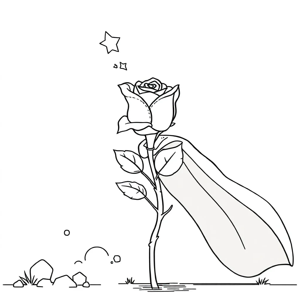 Roses a single rose in a superhero cape — classic roses coloring page (ages 5–10)