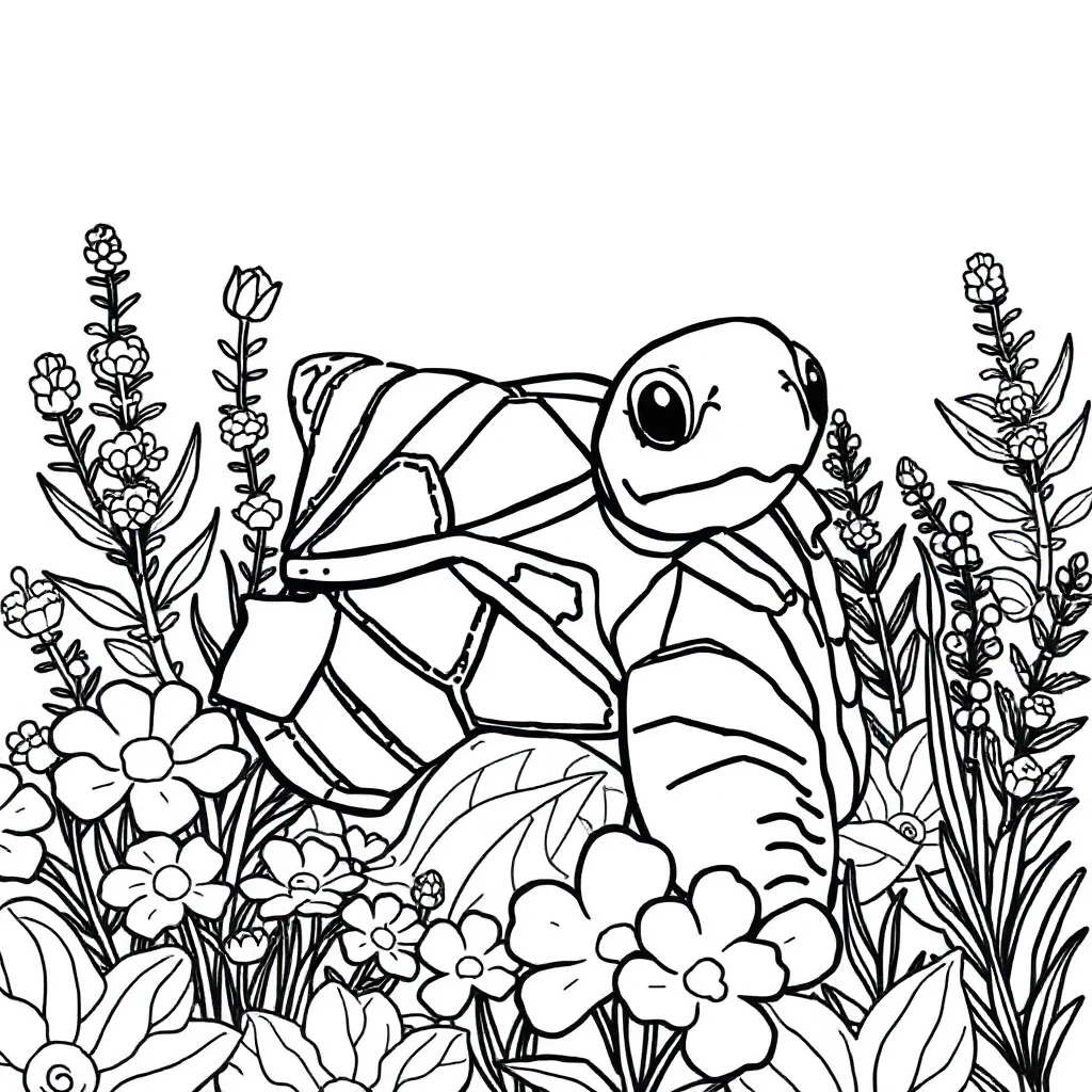 Sea turtles a baby sea turtle in a flower garden — classic sea turtles coloring page (ages 5–10)