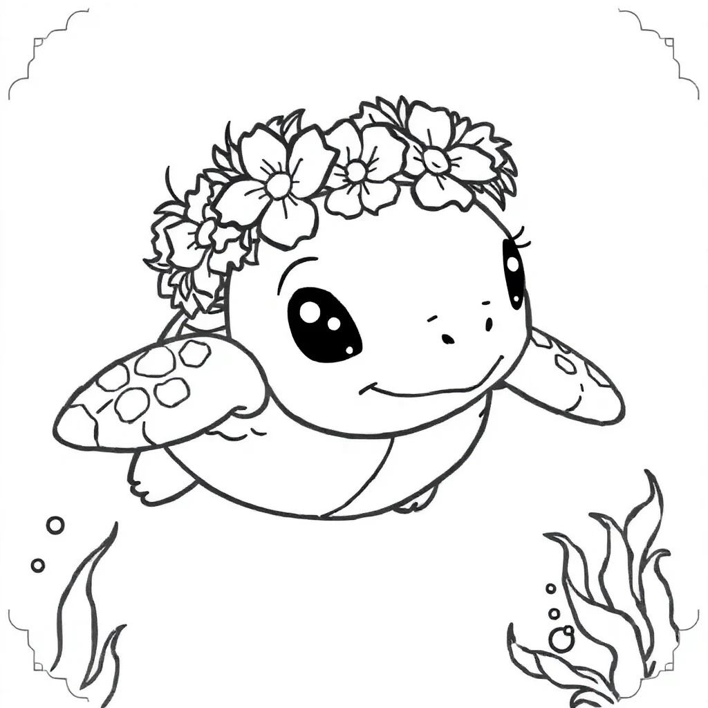 Sea turtles a baby sea turtle wearing a flower crown — classic sea turtles coloring page (ages 5–10)