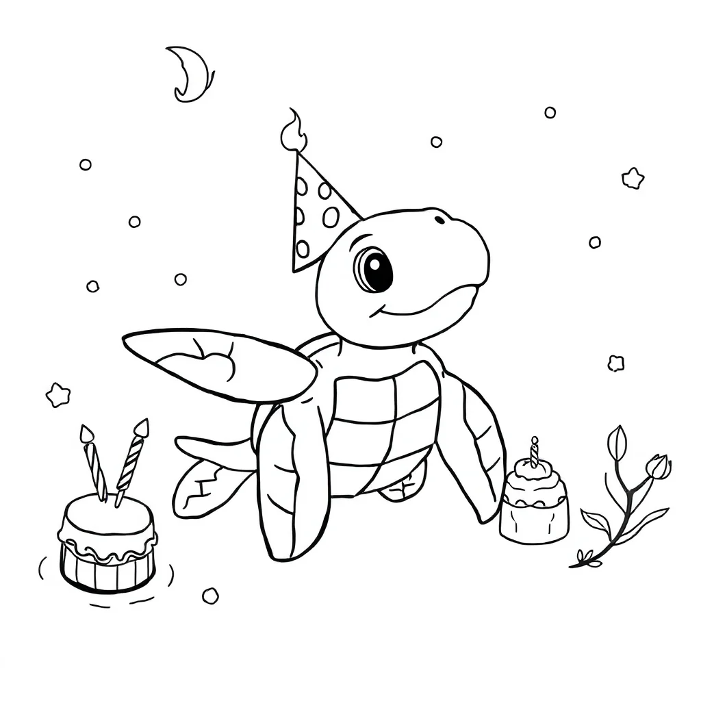 Sea turtles a cute sea turtle celebrating a birthday — classic sea turtles coloring page (ages 5–10)