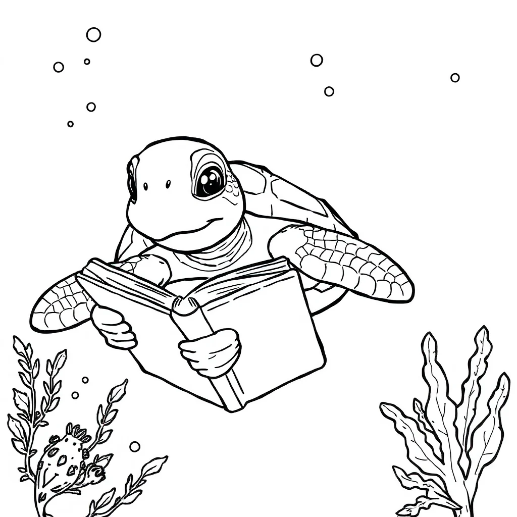 Sea turtles a swimming sea turtle reading a book — classic sea turtles coloring page (ages 5–10)