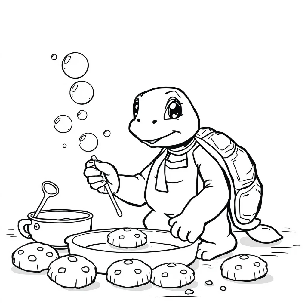 Sea turtles a turtle and bubbles baking cookies — classic sea turtles coloring page (ages 5–10)