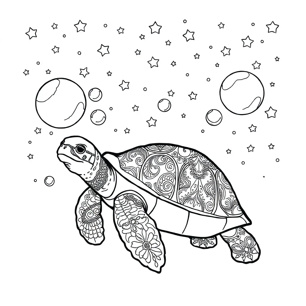 Sea turtles a turtle and bubbles under the night sky with stars — detailed sea turtles coloring page (ages 9+ & adults)
