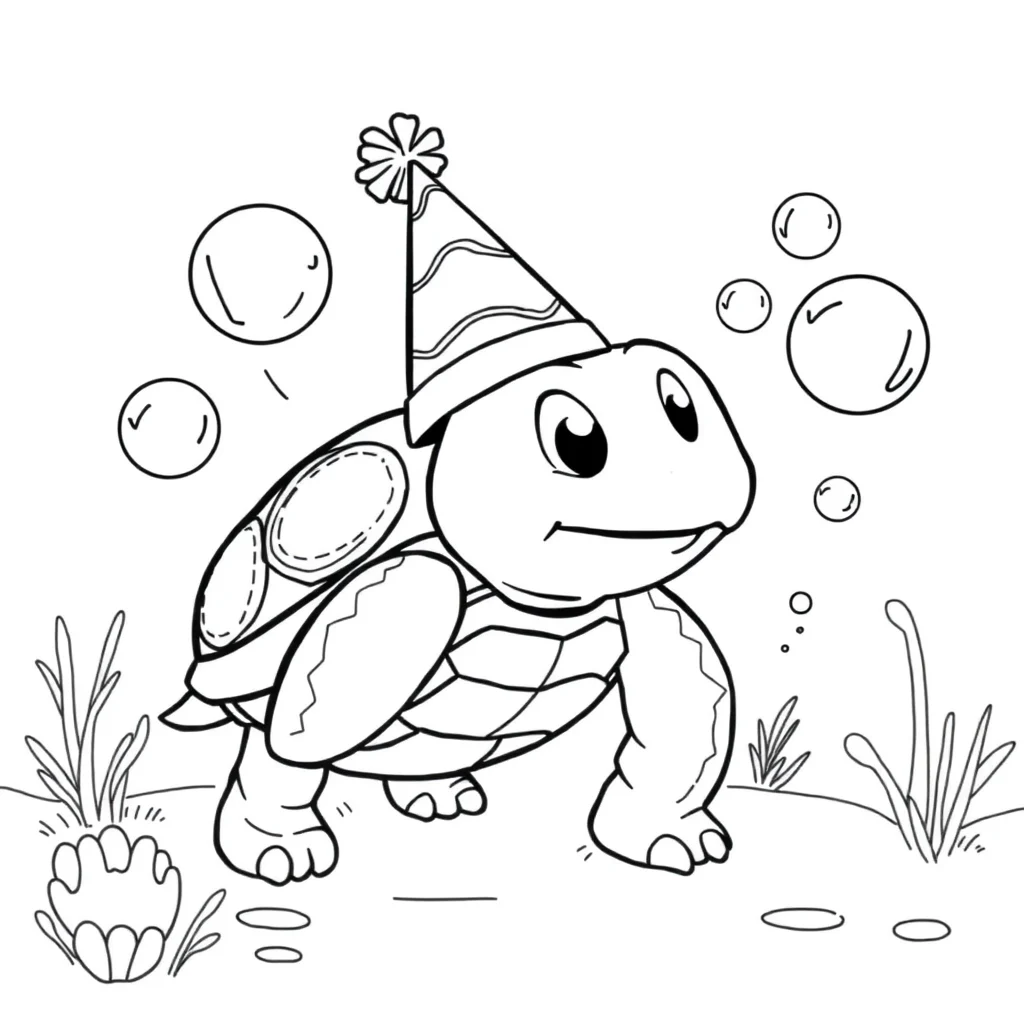Sea turtles a turtle and bubbles wearing a party hat — classic sea turtles coloring page (ages 5–10)
