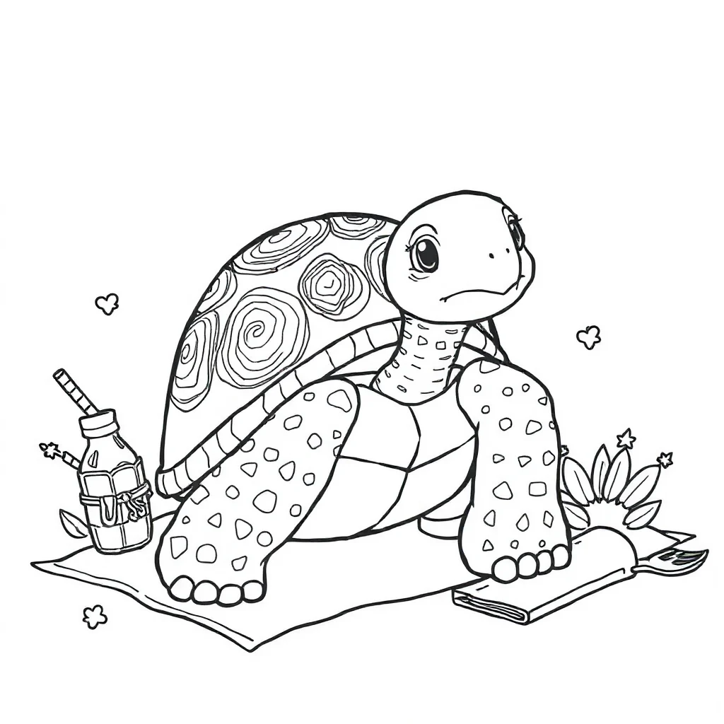 Sea turtles a turtle with a patterned shell having a picnic — classic sea turtles coloring page (ages 5–10)