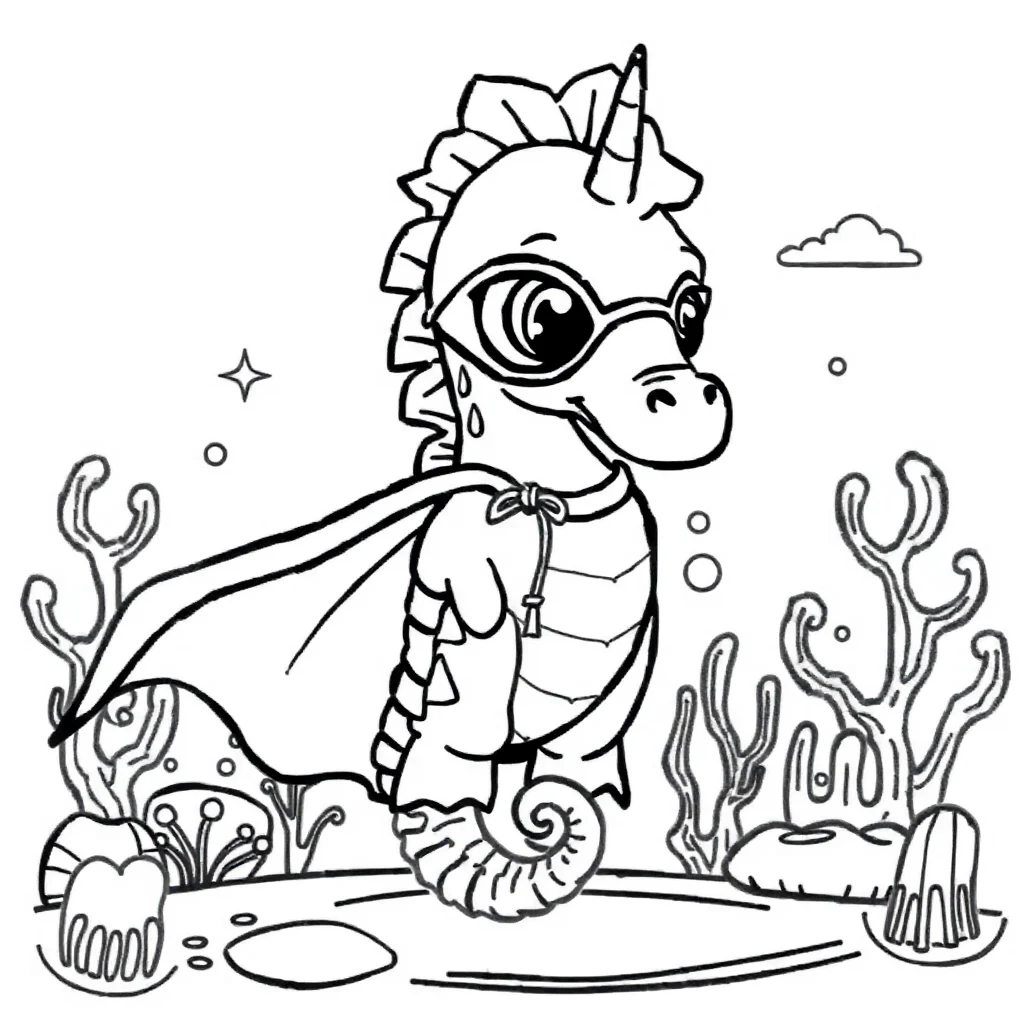Seahorses a cute seahorse in a superhero cape — classic seahorses coloring page (ages 5–10)