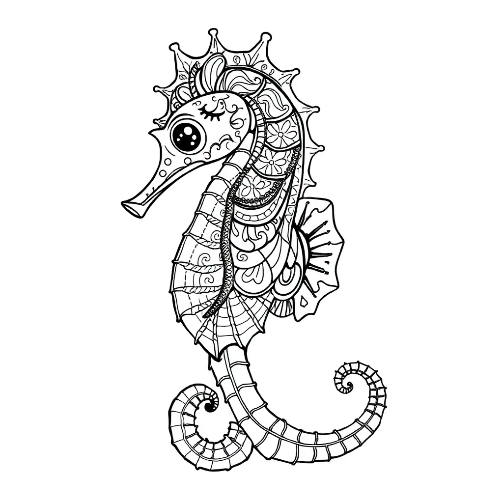 Seahorses a cute seahorse sitting — detailed seahorses coloring page (ages 9+ & adults)