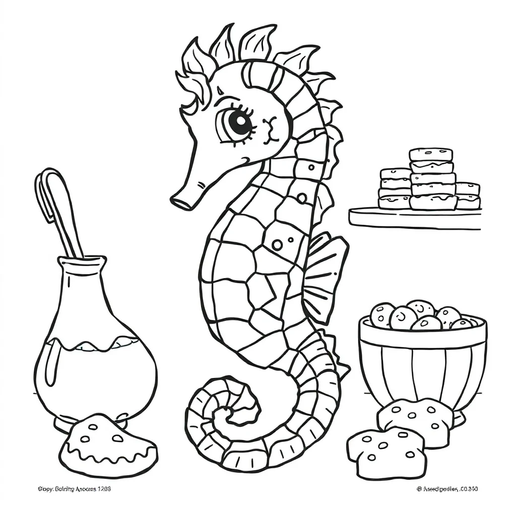Seahorses a patterned seahorse baking cookies — classic seahorses coloring page (ages 5–10)