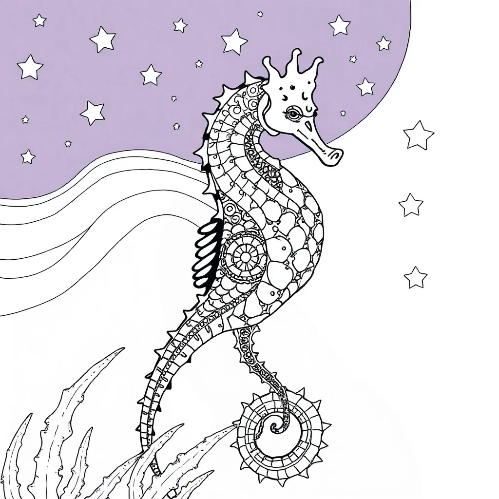 Seahorses a patterned seahorse under the night sky with stars — detailed seahorses coloring page (ages 9+ & adults)