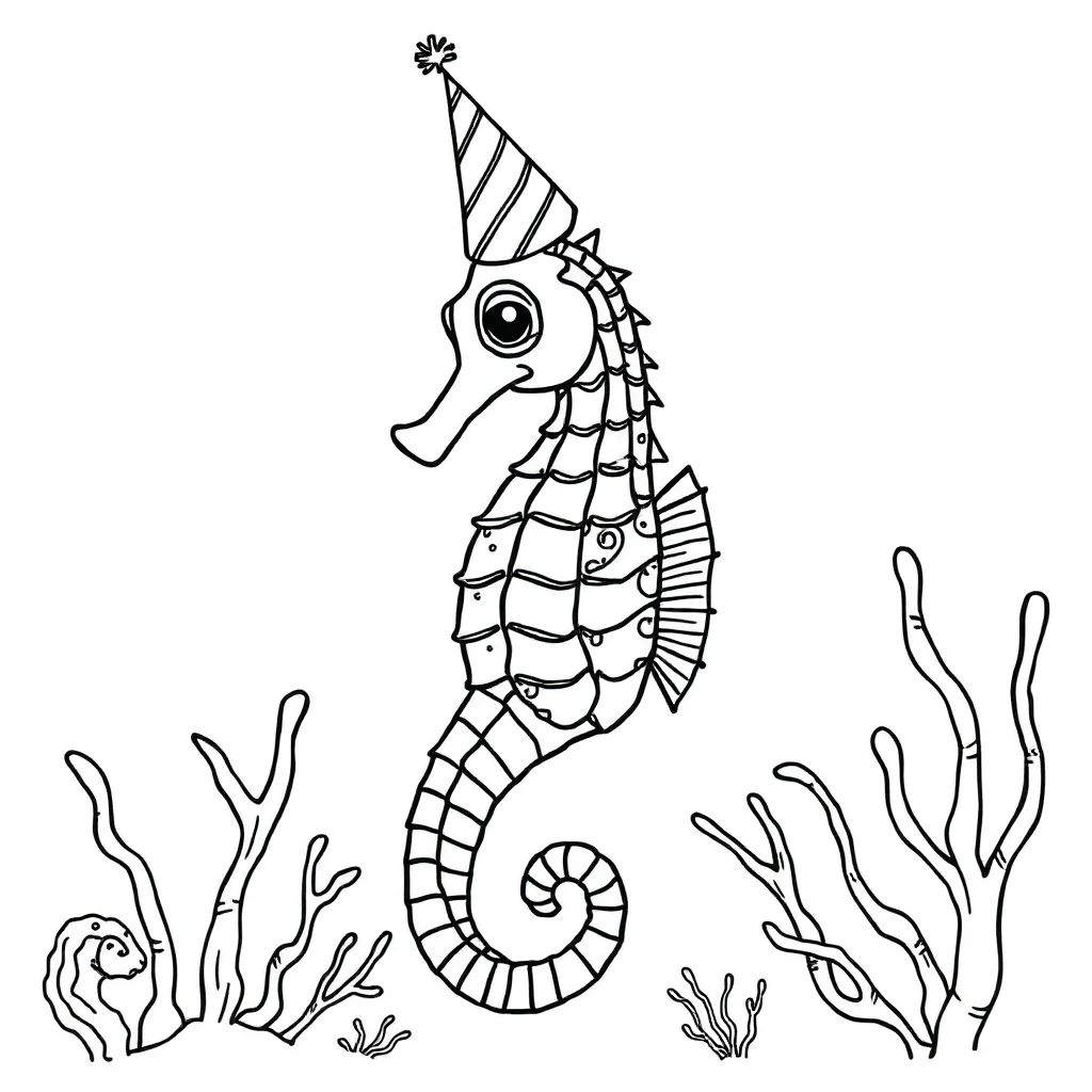 Seahorses a patterned seahorse wearing a party hat — classic seahorses coloring page (ages 5–10)