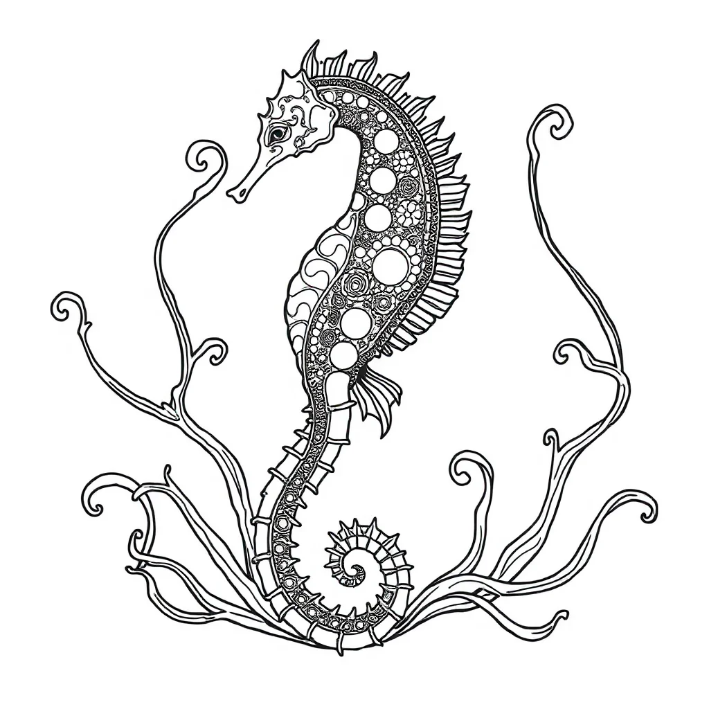Seahorses a seahorse and seaweed dancing — detailed seahorses coloring page (ages 9+ & adults)