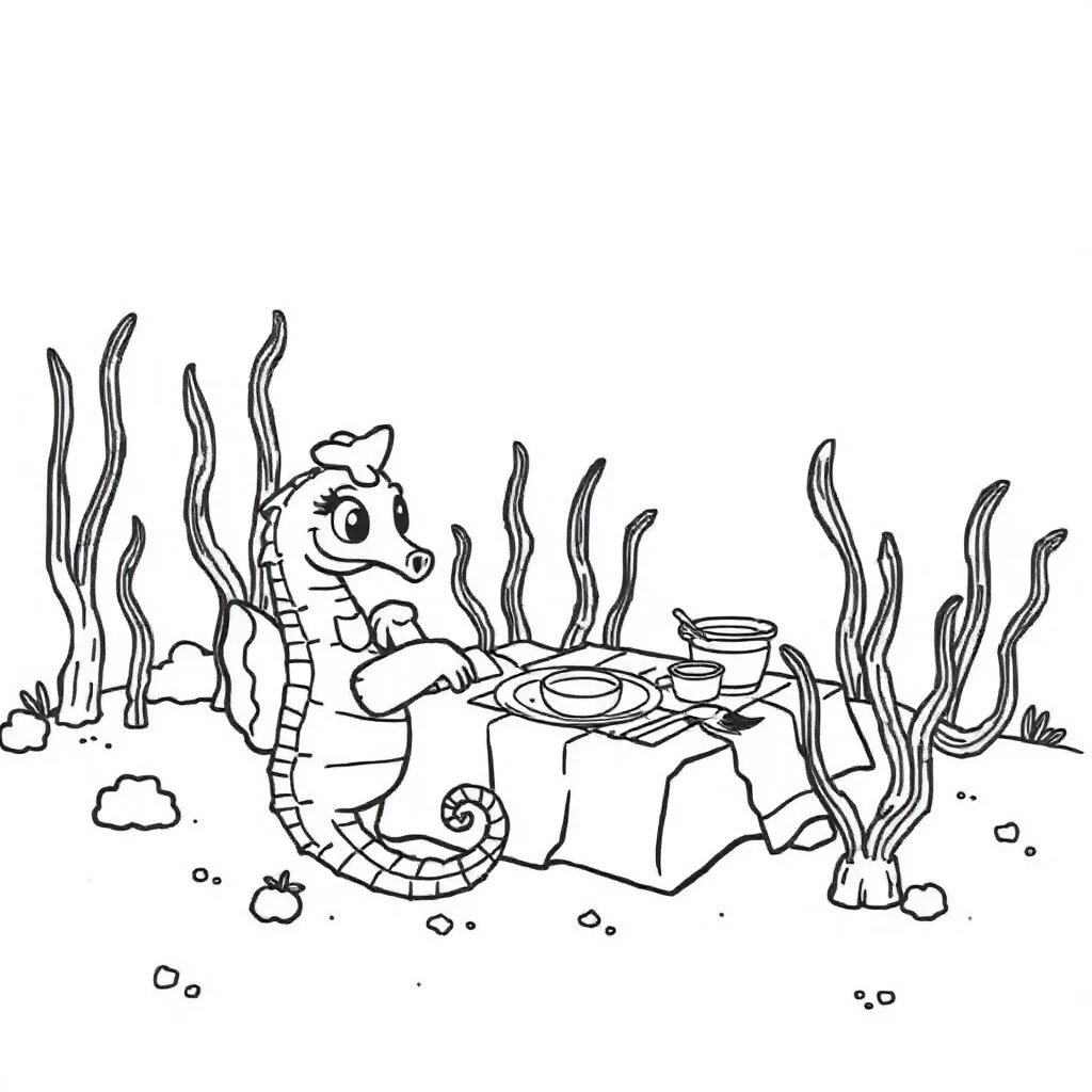Seahorses a seahorse and seaweed having a picnic — classic seahorses coloring page (ages 5–10)