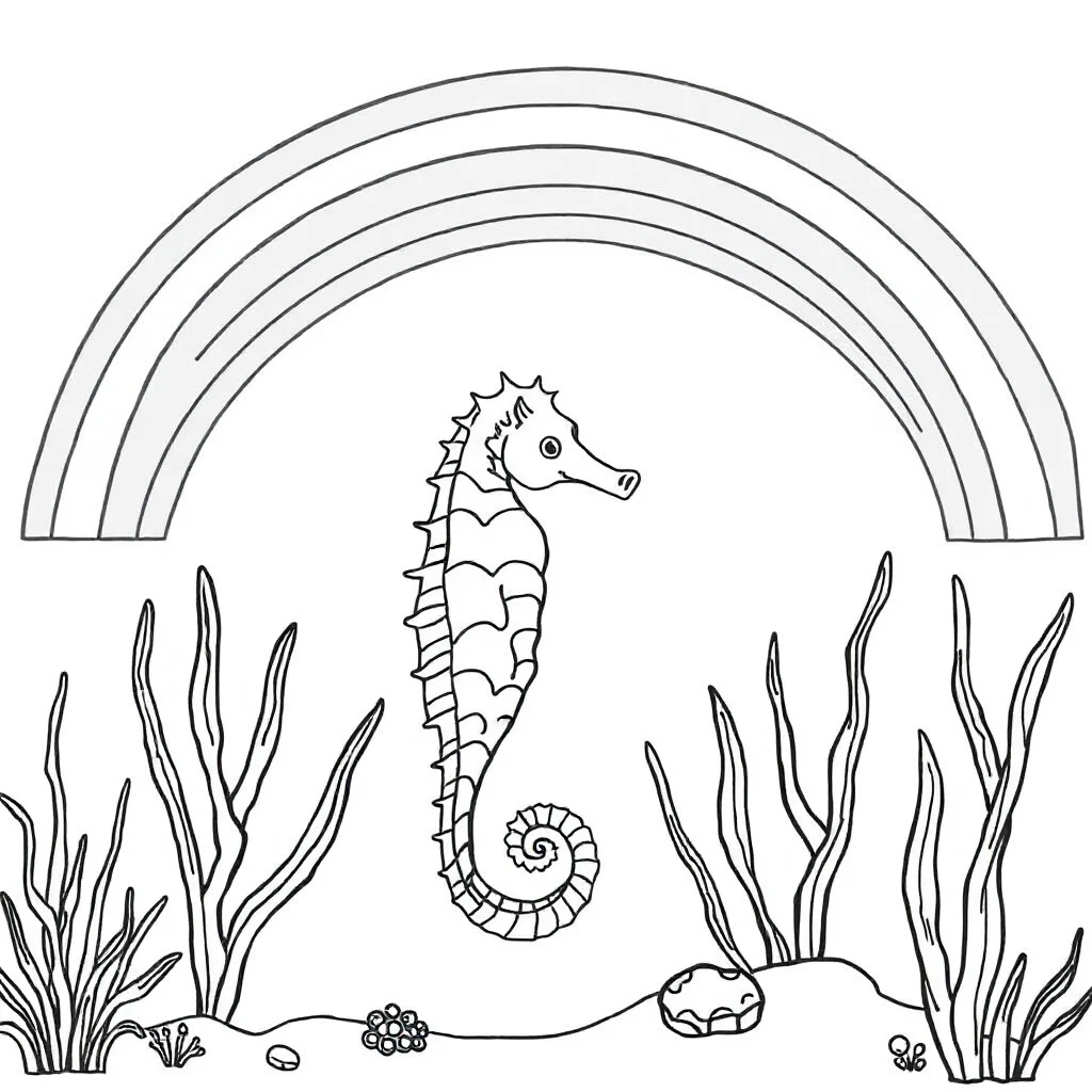 Seahorses a seahorse and seaweed under a rainbow — classic seahorses coloring page (ages 5–10)