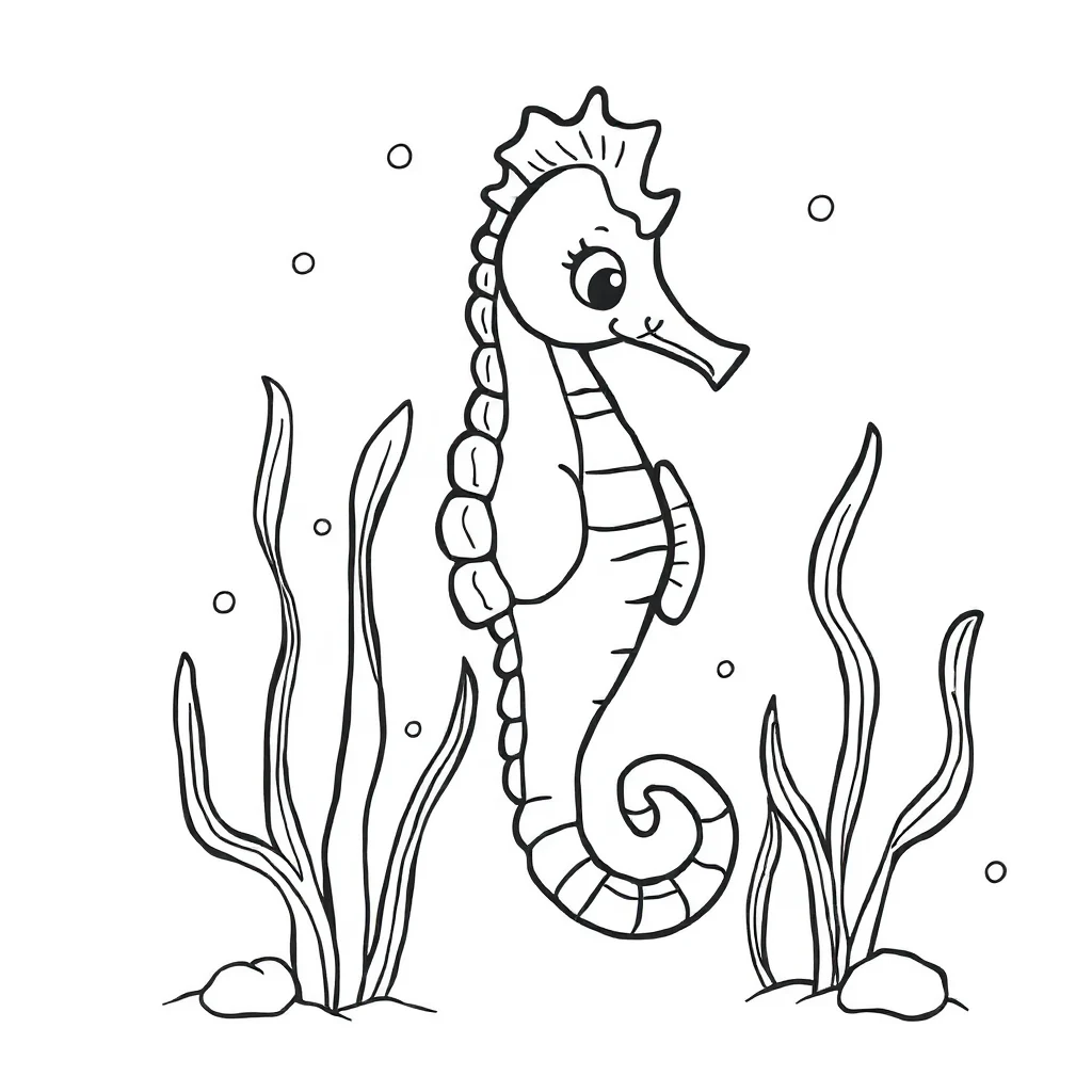 Seahorses a seahorse and seaweed — easy seahorses coloring page (ages 2–5)