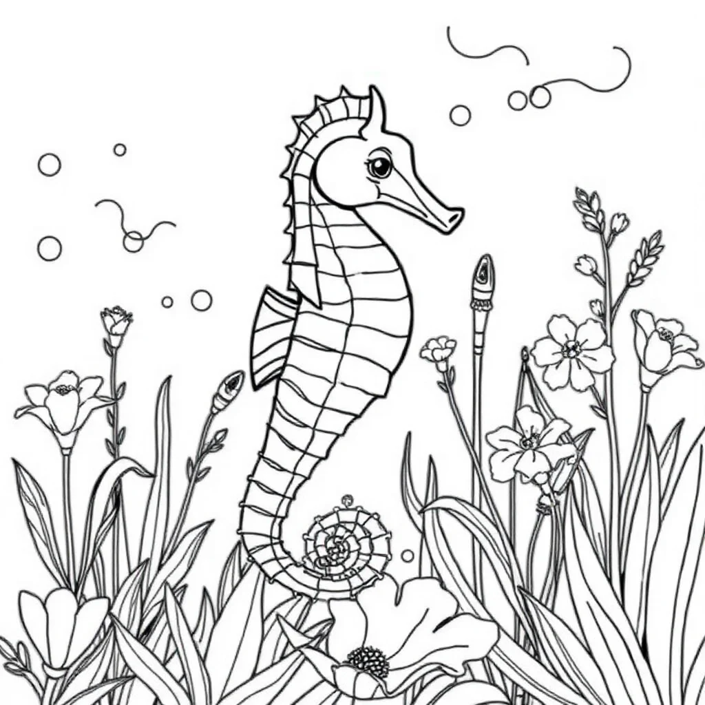 Seahorses a seahorse with a curly tail in a flower garden — classic seahorses coloring page (ages 5–10)