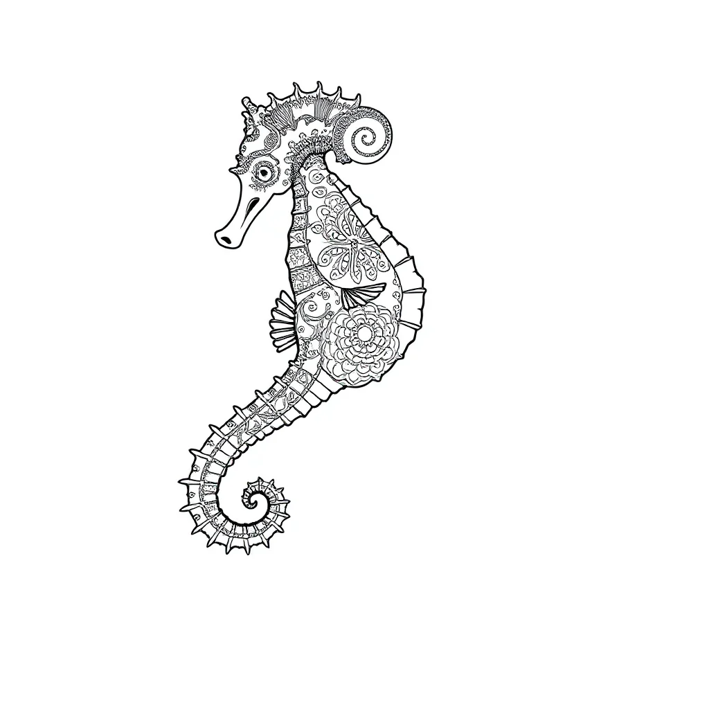 Seahorses a seahorse with a curly tail leaping mid air — detailed seahorses coloring page (ages 9+ & adults)