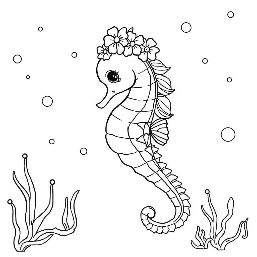 Seahorses a seahorse with a curly tail wearing a flower crown — classic seahorses coloring page (ages 5–10)