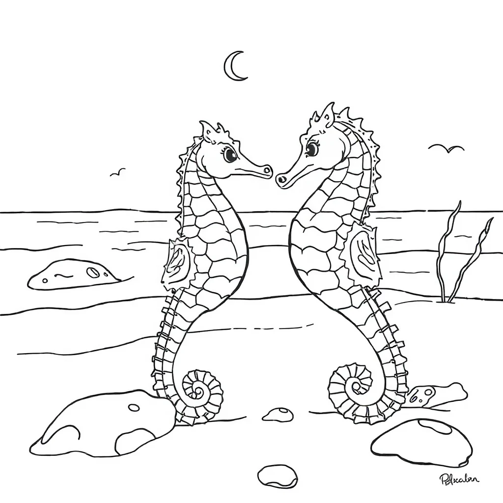Seahorses two seahorses on the beach — classic seahorses coloring page (ages 5–10)