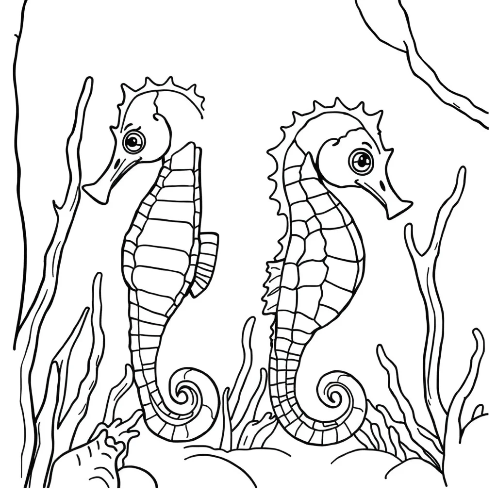 Seahorses two seahorses peeking from behind something — classic seahorses coloring page (ages 5–10)