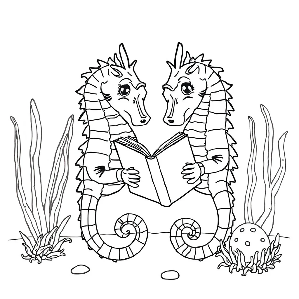 Seahorses two seahorses reading a book — classic seahorses coloring page (ages 5–10)