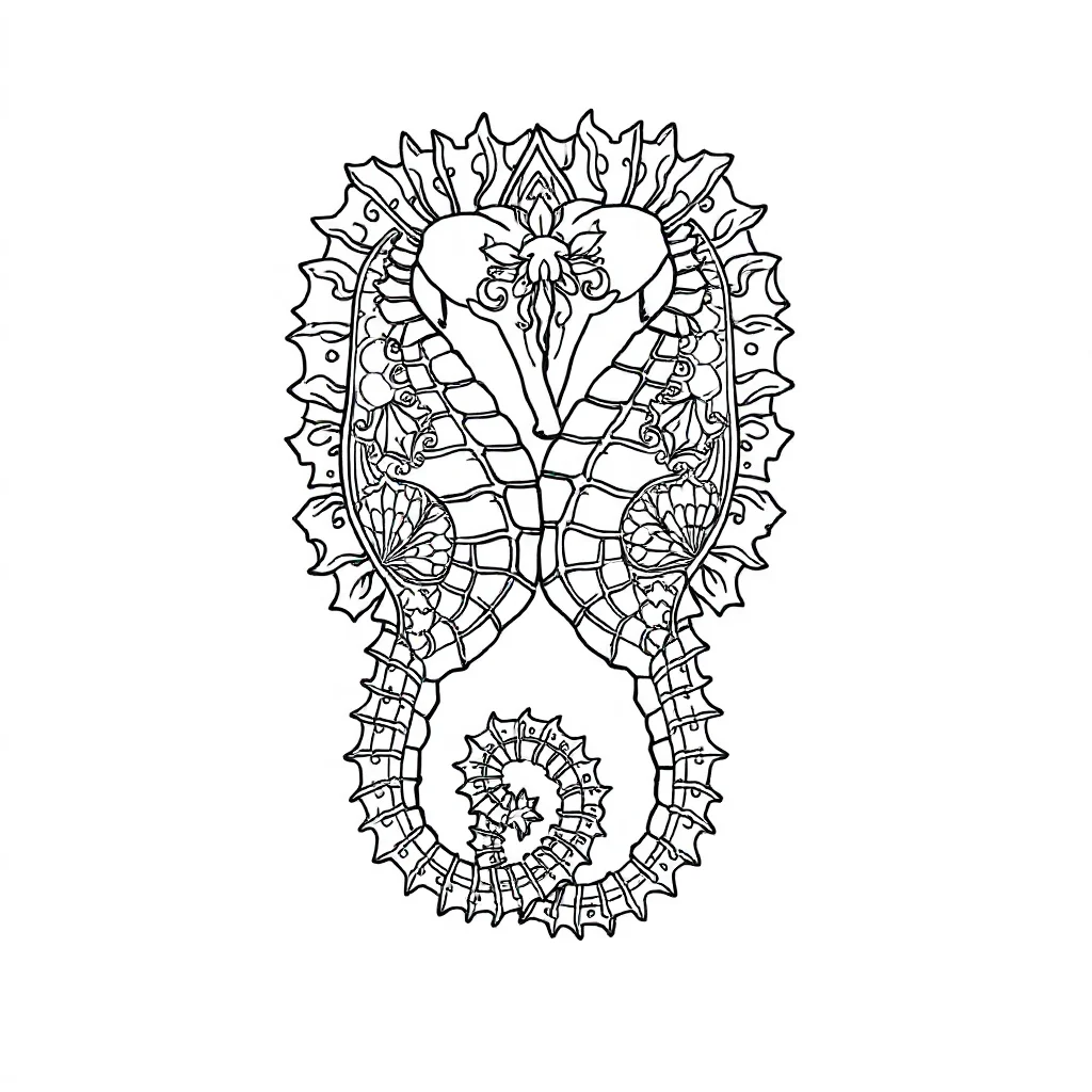 Seahorses two seahorses sleeping curled up — detailed seahorses coloring page (ages 9+ & adults)