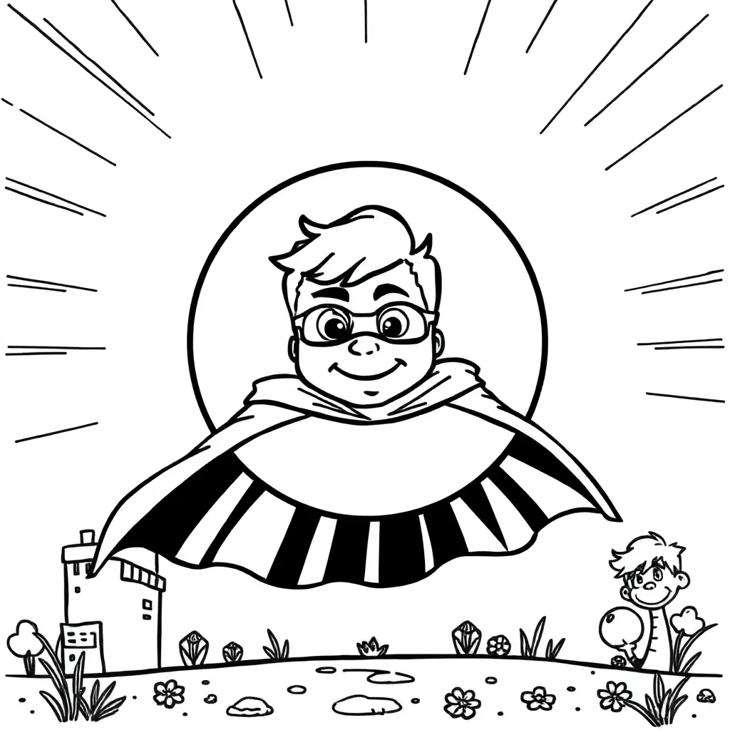 Shapes a circle with a face in a superhero cape — classic shapes coloring page (ages 5–10)