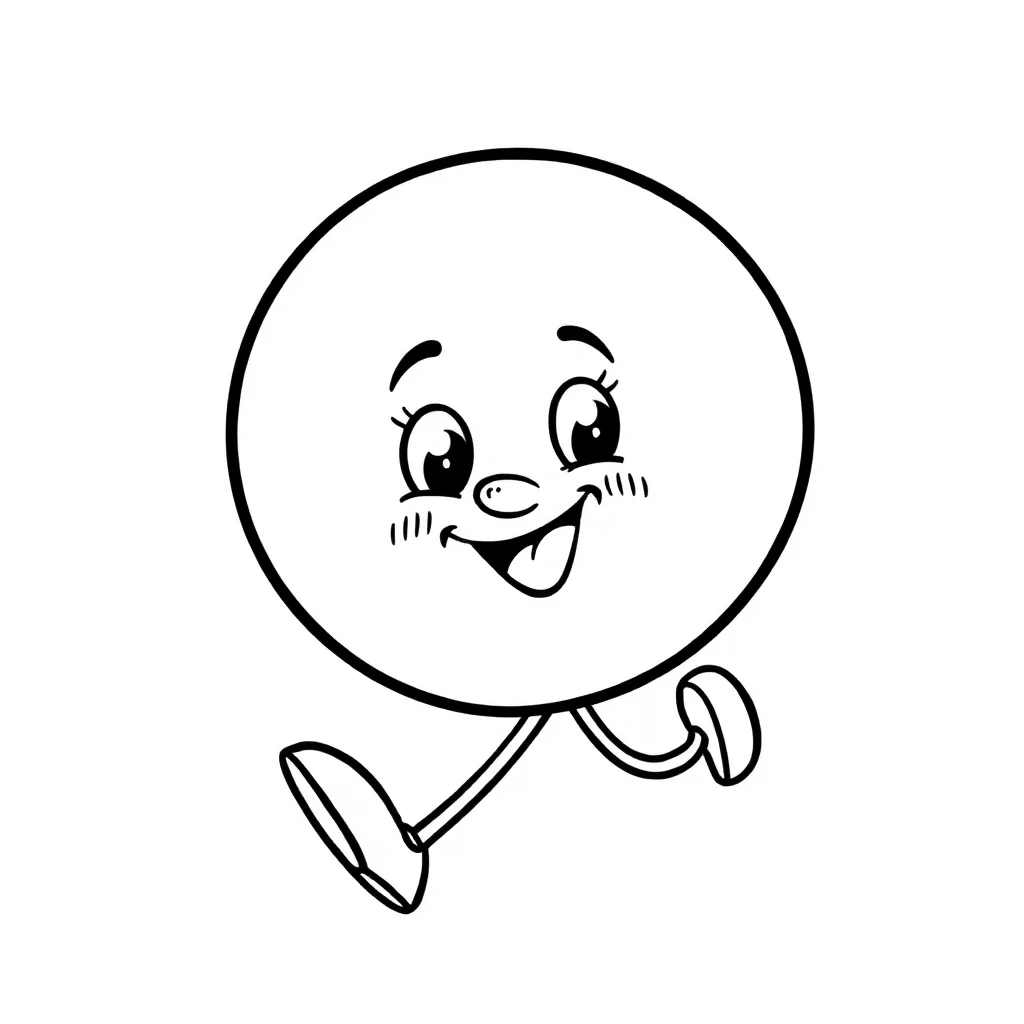 Shapes a circle with a face running — easy shapes coloring page (ages 2–5)