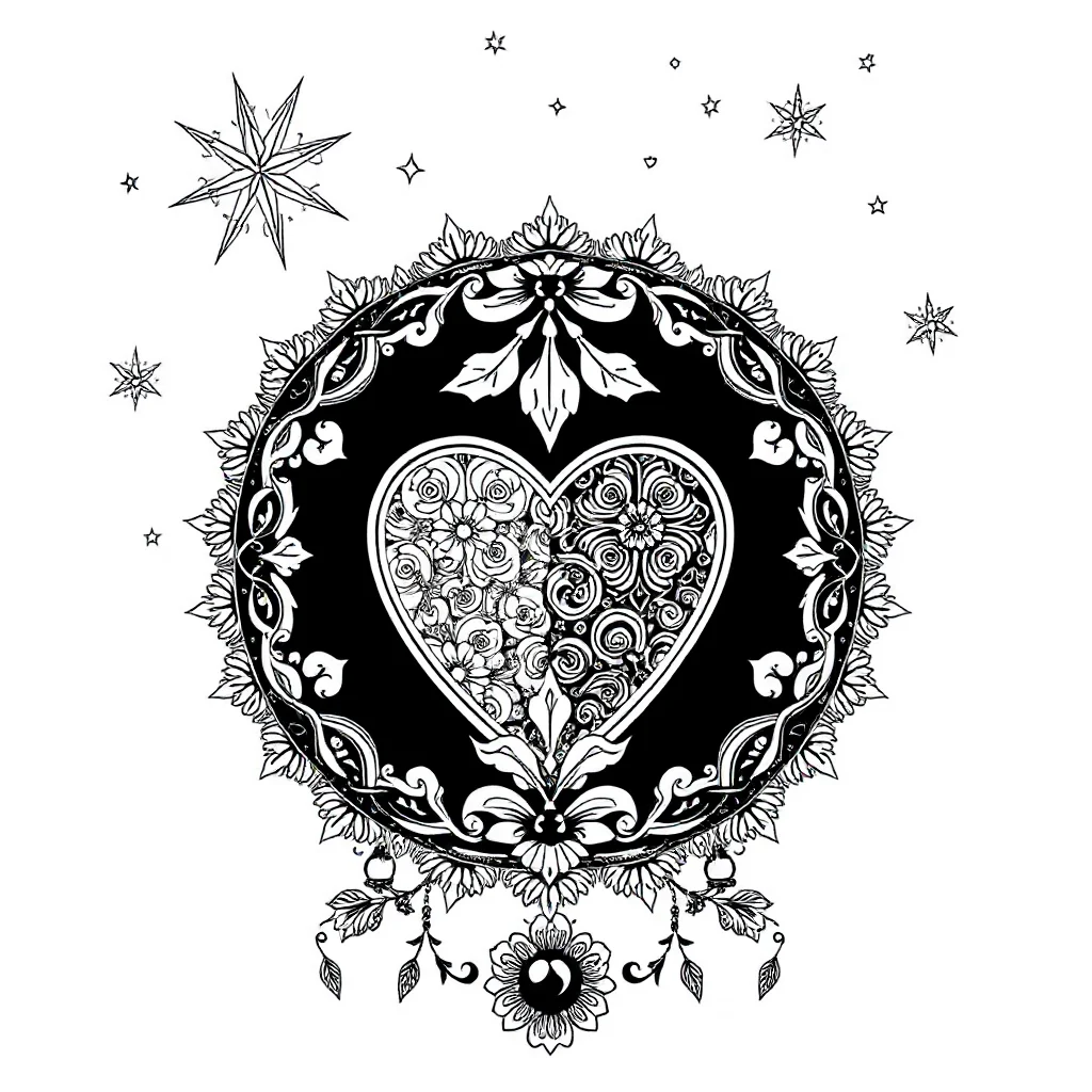 Shapes a heart and circle under the night sky with stars — detailed shapes coloring page (ages 9+ & adults)