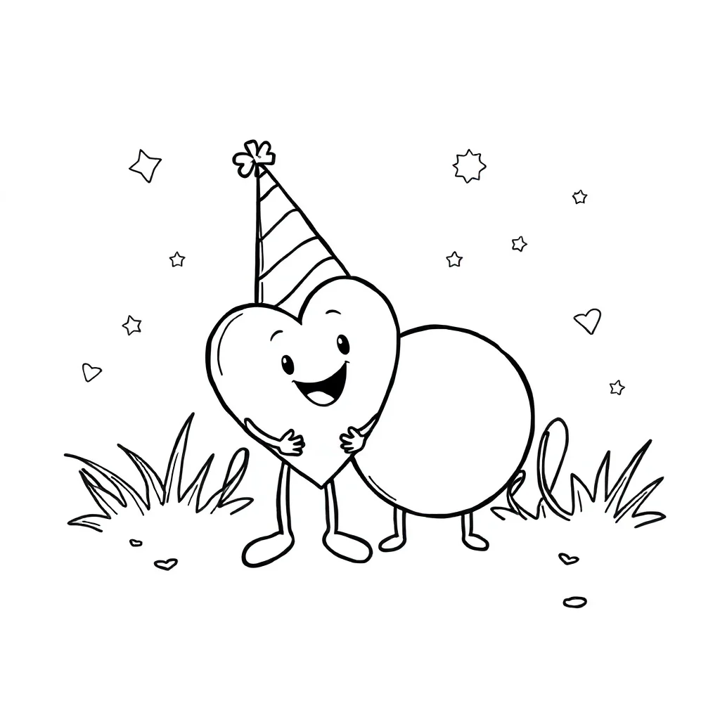 Shapes a heart and circle wearing a party hat — classic shapes coloring page (ages 5–10)