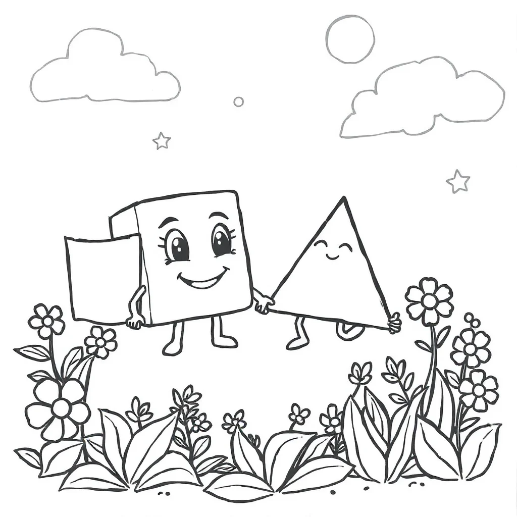 Shapes a square and triangle in a flower garden — classic shapes coloring page (ages 5–10)