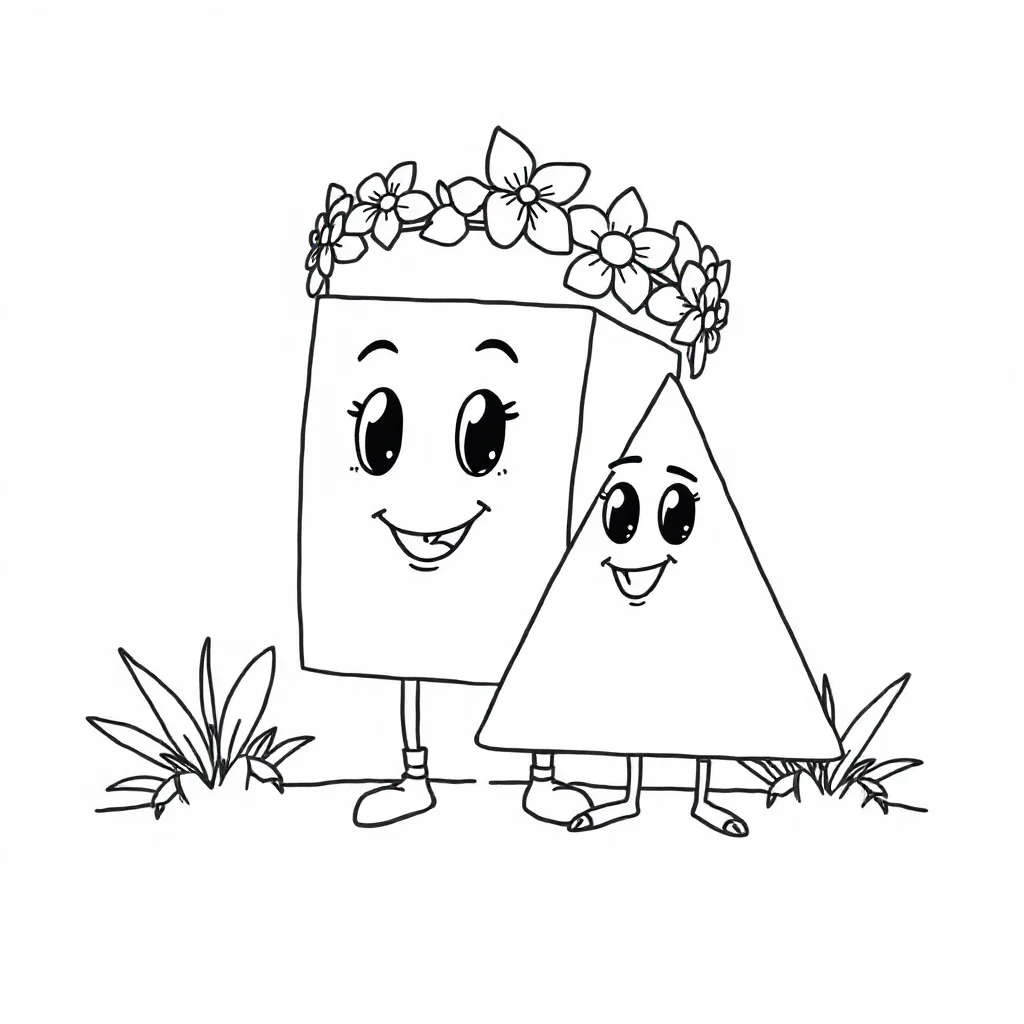 Shapes a square and triangle wearing a flower crown — classic shapes coloring page (ages 5–10)