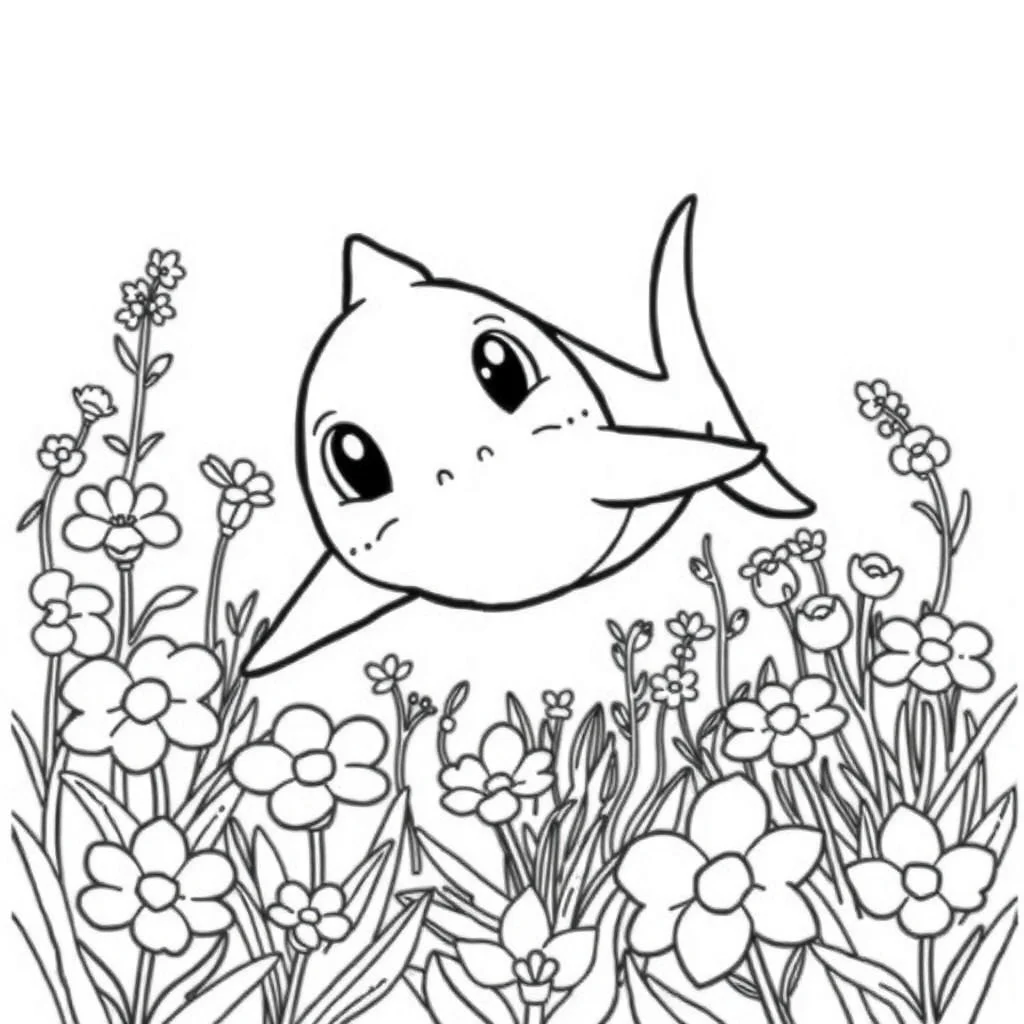 Sharks a baby shark in a flower garden — classic sharks coloring page (ages 5–10)