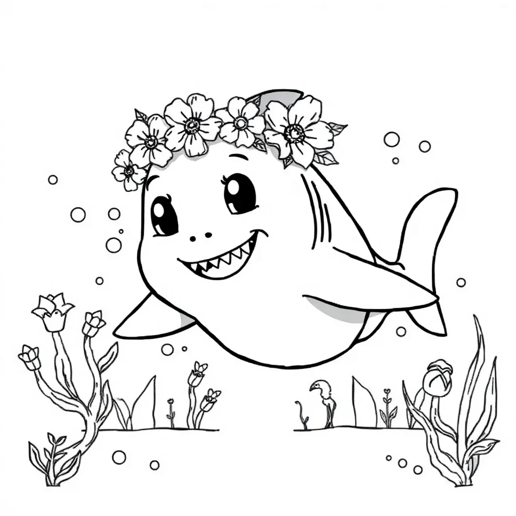 Sharks a baby shark wearing a flower crown — classic sharks coloring page (ages 5–10)