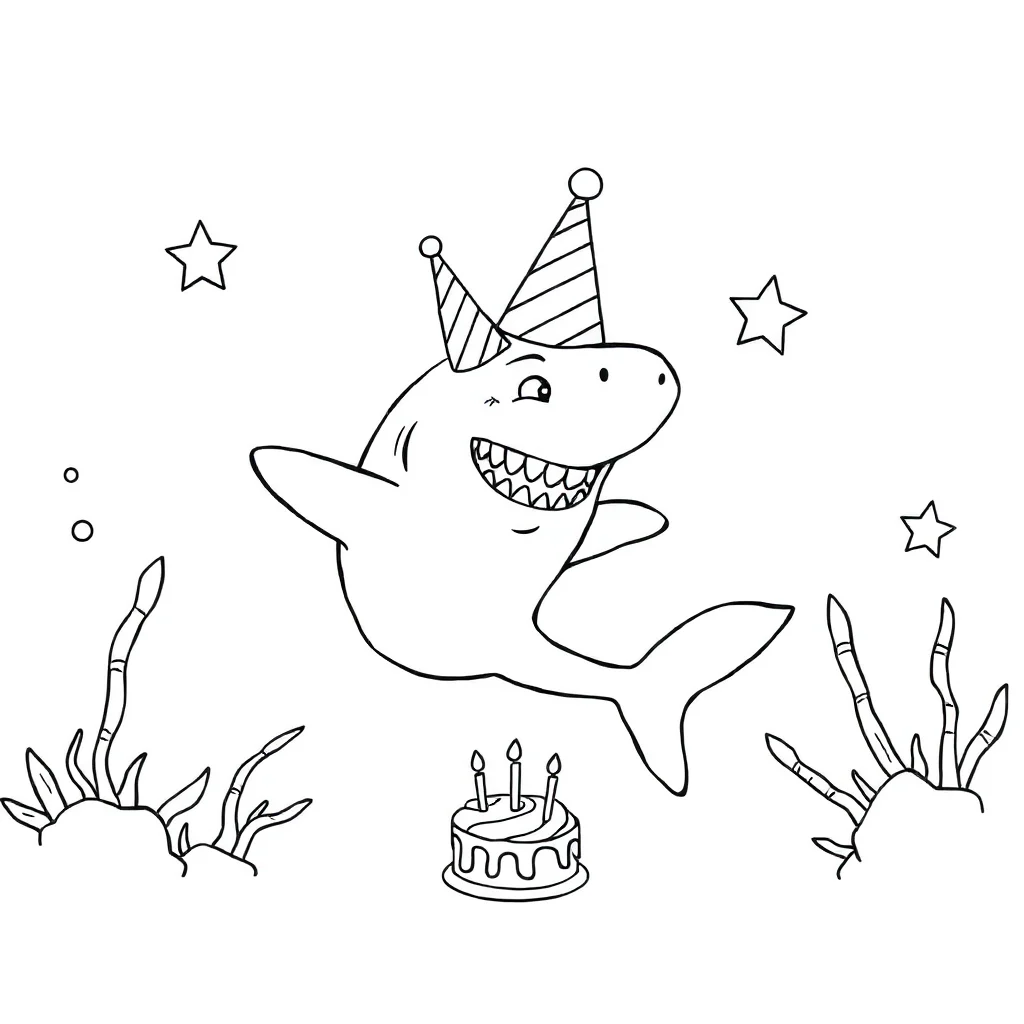 Sharks a friendly shark celebrating a birthday — classic sharks coloring page (ages 5–10)