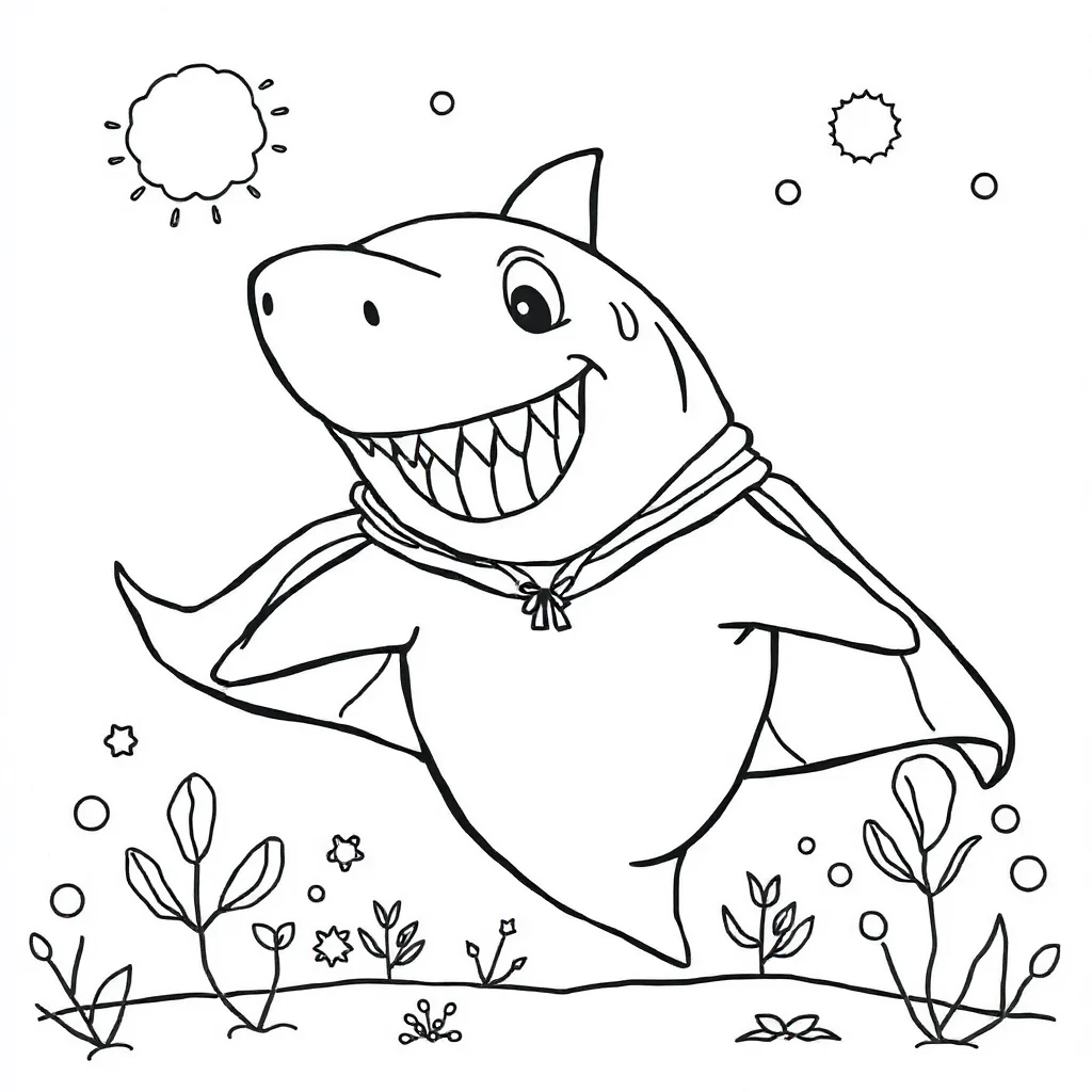 Sharks a friendly shark in a superhero cape — classic sharks coloring page (ages 5–10)