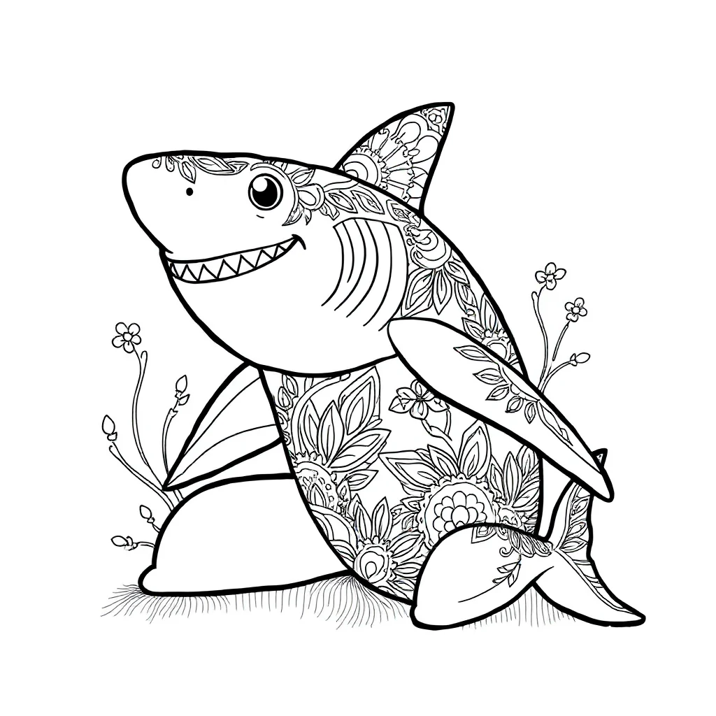 Sharks a friendly shark sitting — detailed sharks coloring page (ages 9+ & adults)