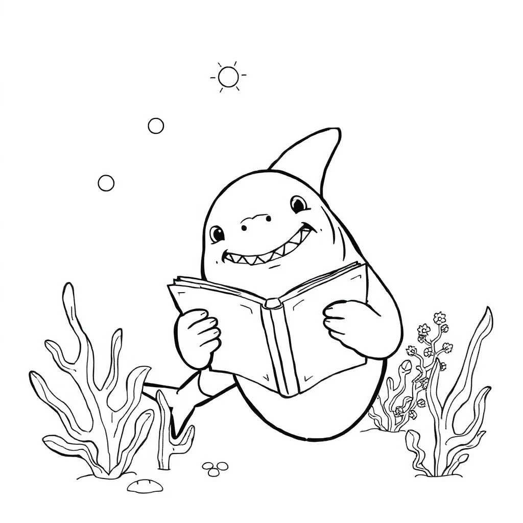 Sharks a shark with fins reading a book — classic sharks coloring page (ages 5–10)