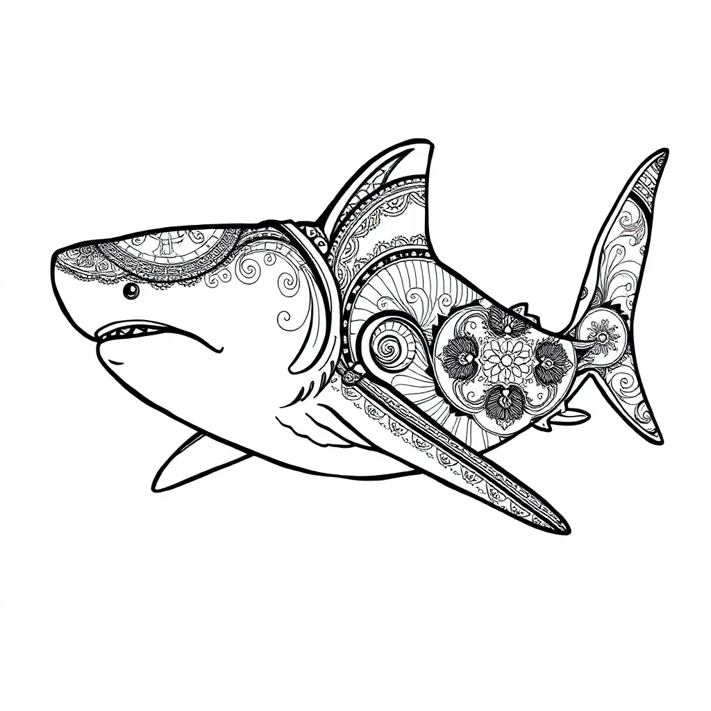 Sharks a shark with fins sleeping curled up — detailed sharks coloring page (ages 9+ & adults)