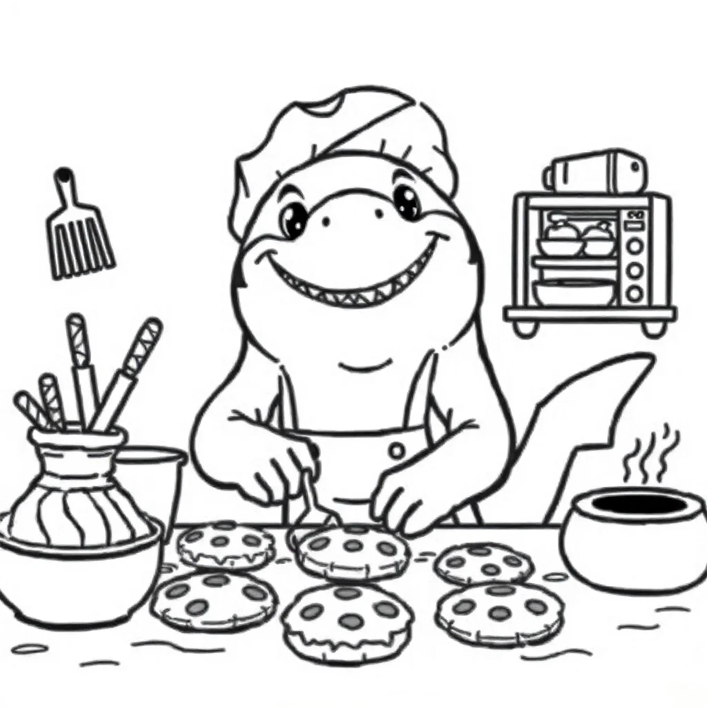 Sharks a smiling shark baking cookies — classic sharks coloring page (ages 5–10)