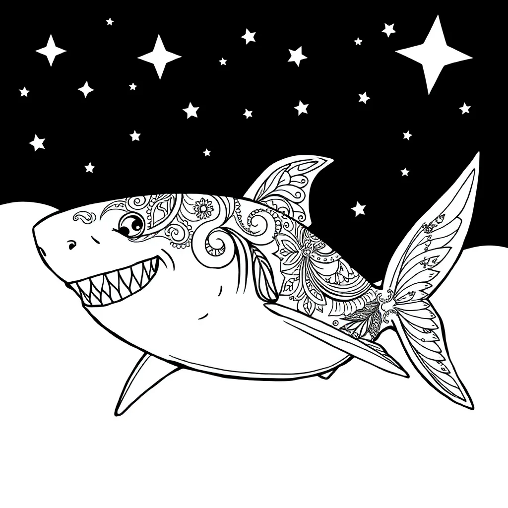 Sharks a smiling shark under the night sky with stars — detailed sharks coloring page (ages 9+ & adults)