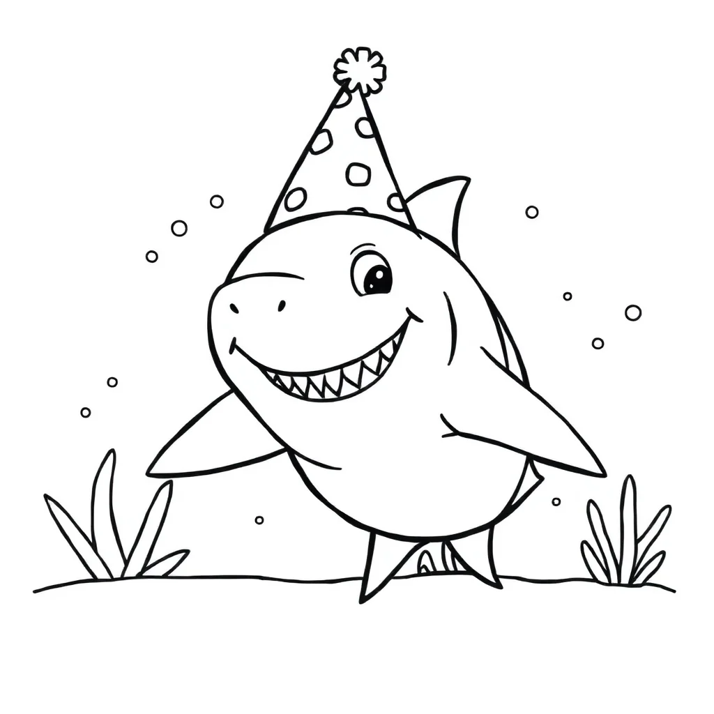 Sharks a smiling shark wearing a party hat — classic sharks coloring page (ages 5–10)
