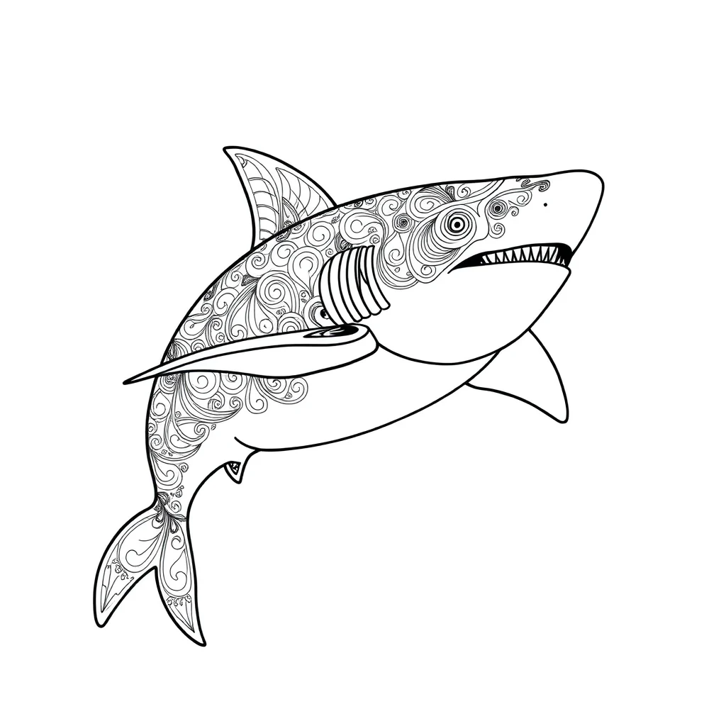 Sharks a swimming shark dancing — detailed sharks coloring page (ages 9+ & adults)