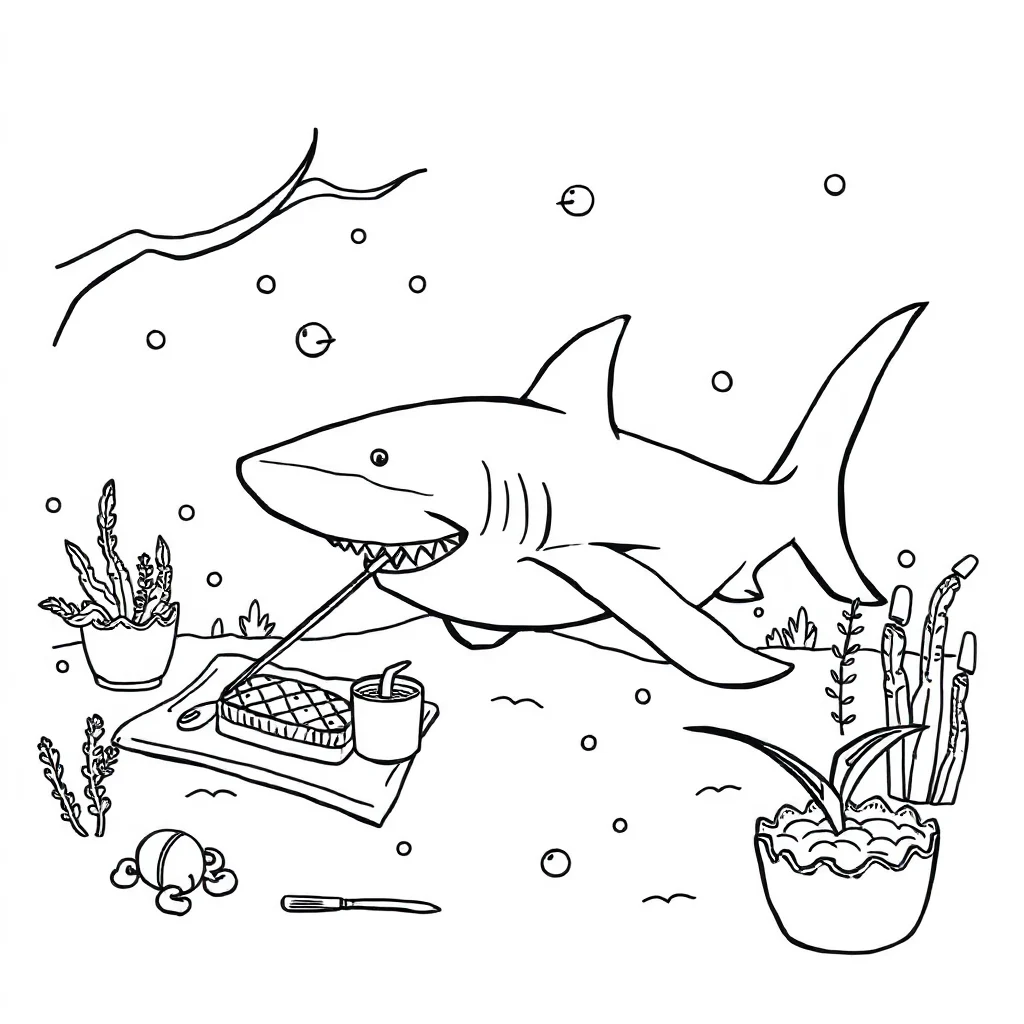 Sharks a swimming shark having a picnic — classic sharks coloring page (ages 5–10)