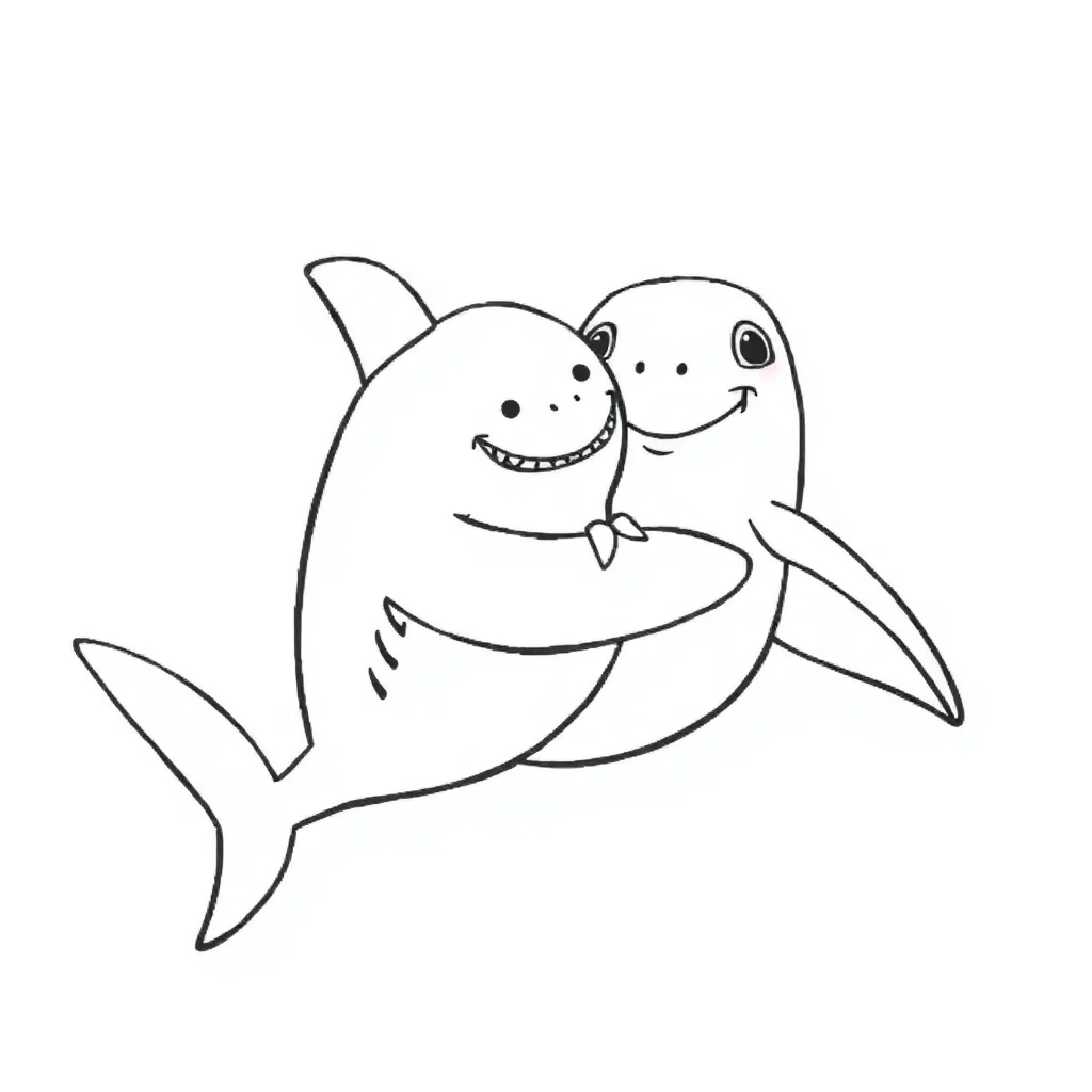 Sharks a swimming shark hugging a friend — easy sharks coloring page (ages 2–5)
