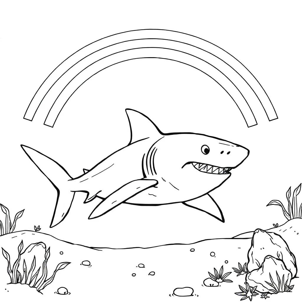 Sharks a swimming shark under a rainbow — classic sharks coloring page (ages 5–10)