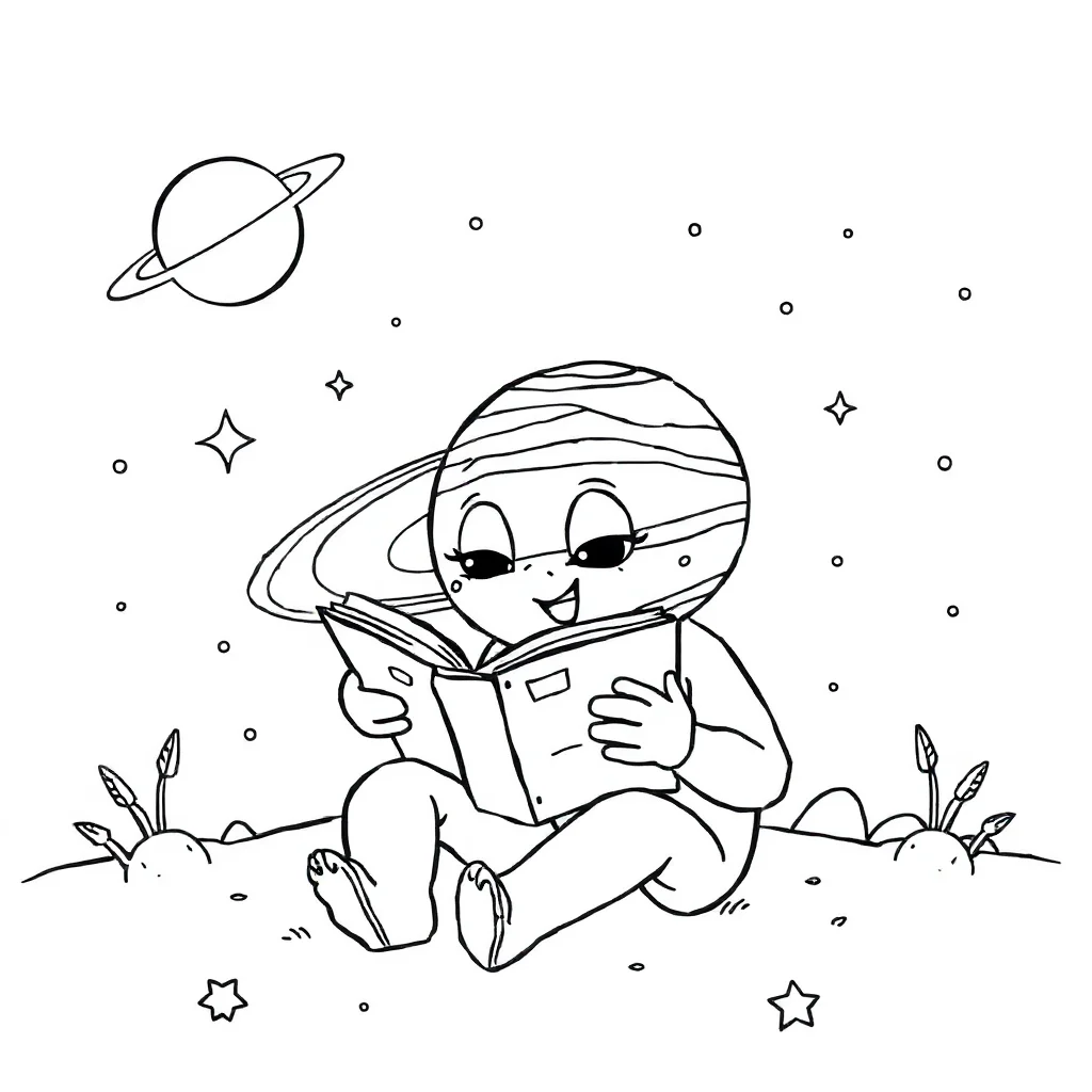 Solar system a labeled style solar system reading a book — classic solar system coloring page (ages 5–10)