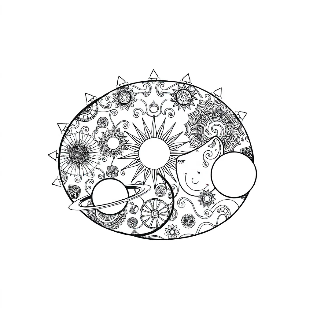 Solar system a labeled style solar system sleeping curled up — detailed solar system coloring page (ages 9+ & adults)